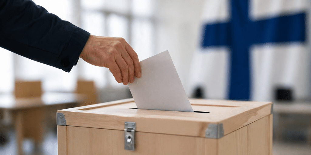 Politiikka 4 Äänestäjä pudottaa äänestyslipun vaaliuurnaan vaalimenestystä kuvaavalla sivulla
