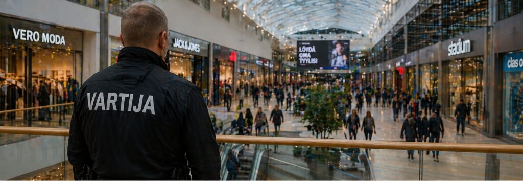 Mitä 20 vuotta turvallisuusalalla opettaa ihmisistä 2 Vartija havainnoimassa julkista tilaa ostoskeskuksessa